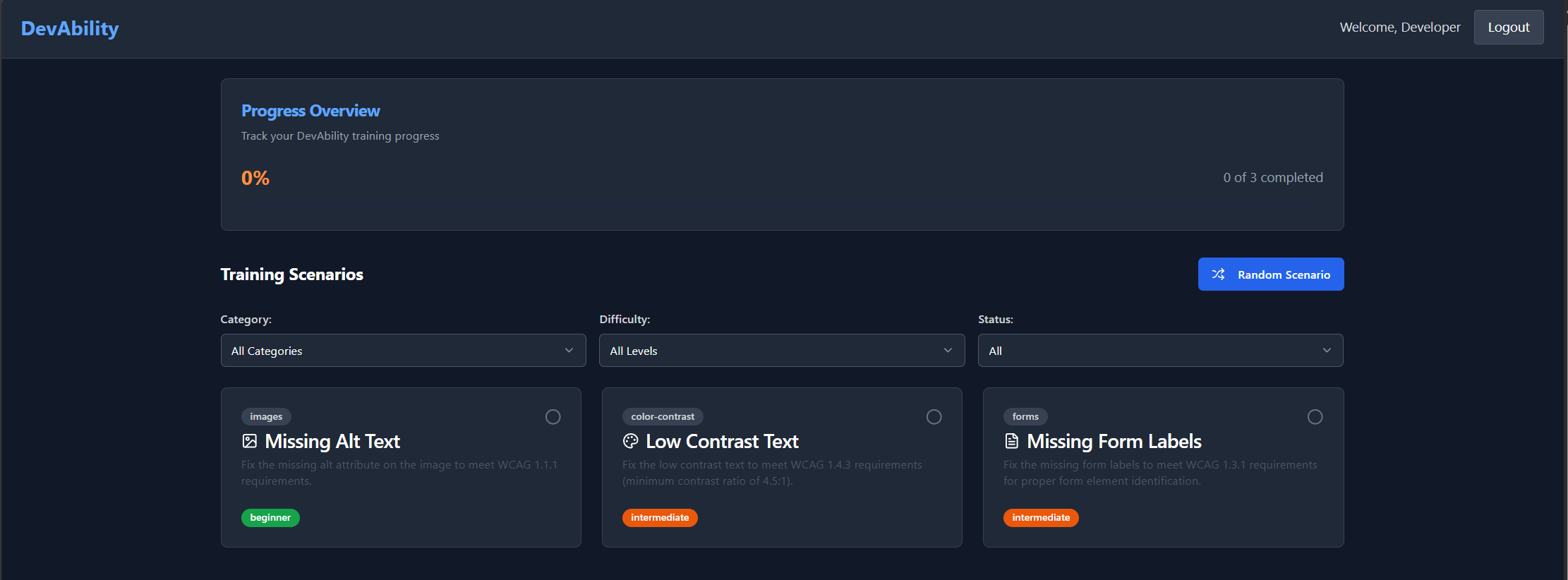 DevAbility dashboard showing accessibility training scenarios including Missing Alt Text, Low Contrast Text, and Missing Form Labels challenges