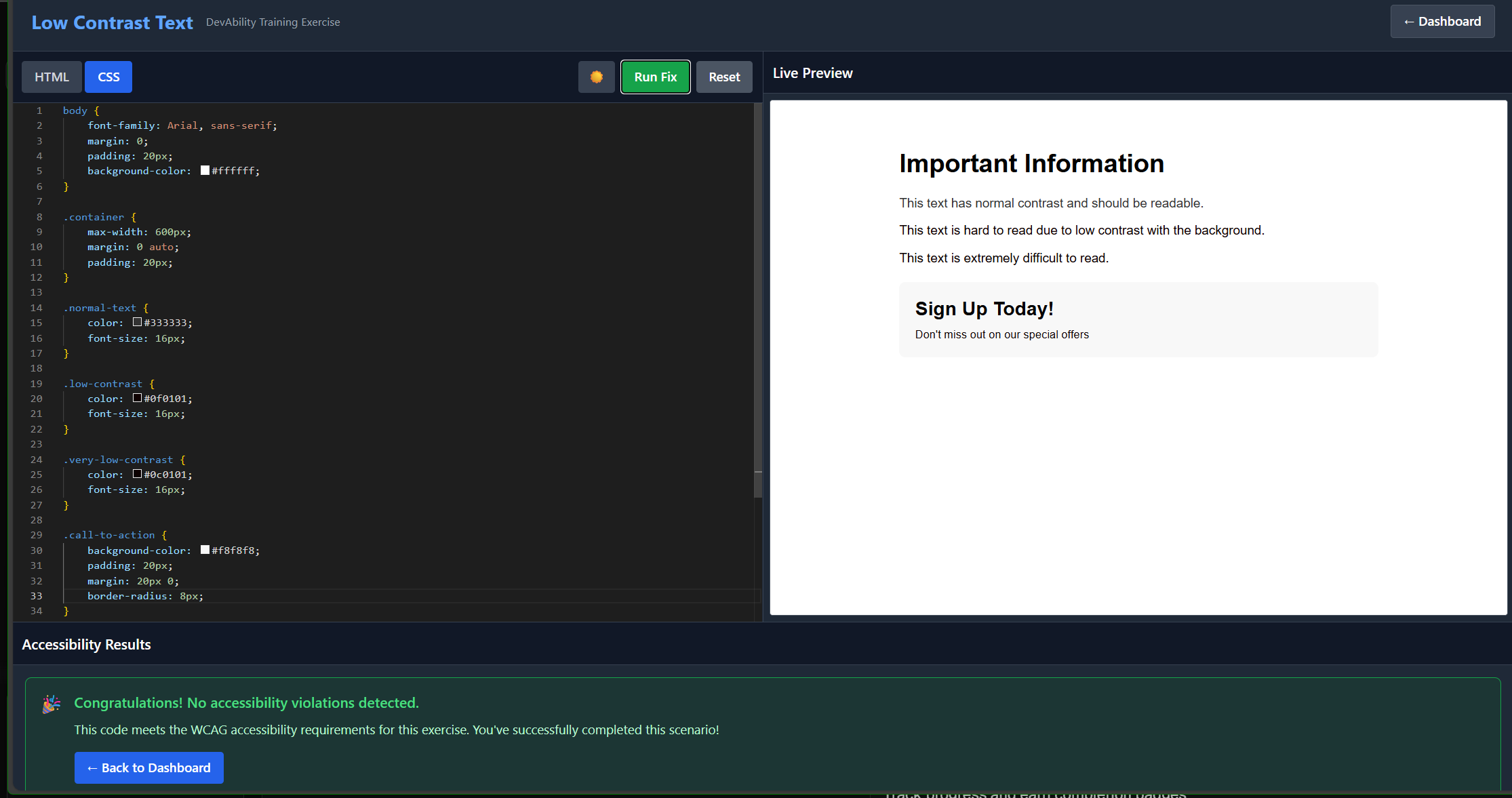 DevAbility success state showing fixed accessibility violations with congratulations message and option to return to dashboard