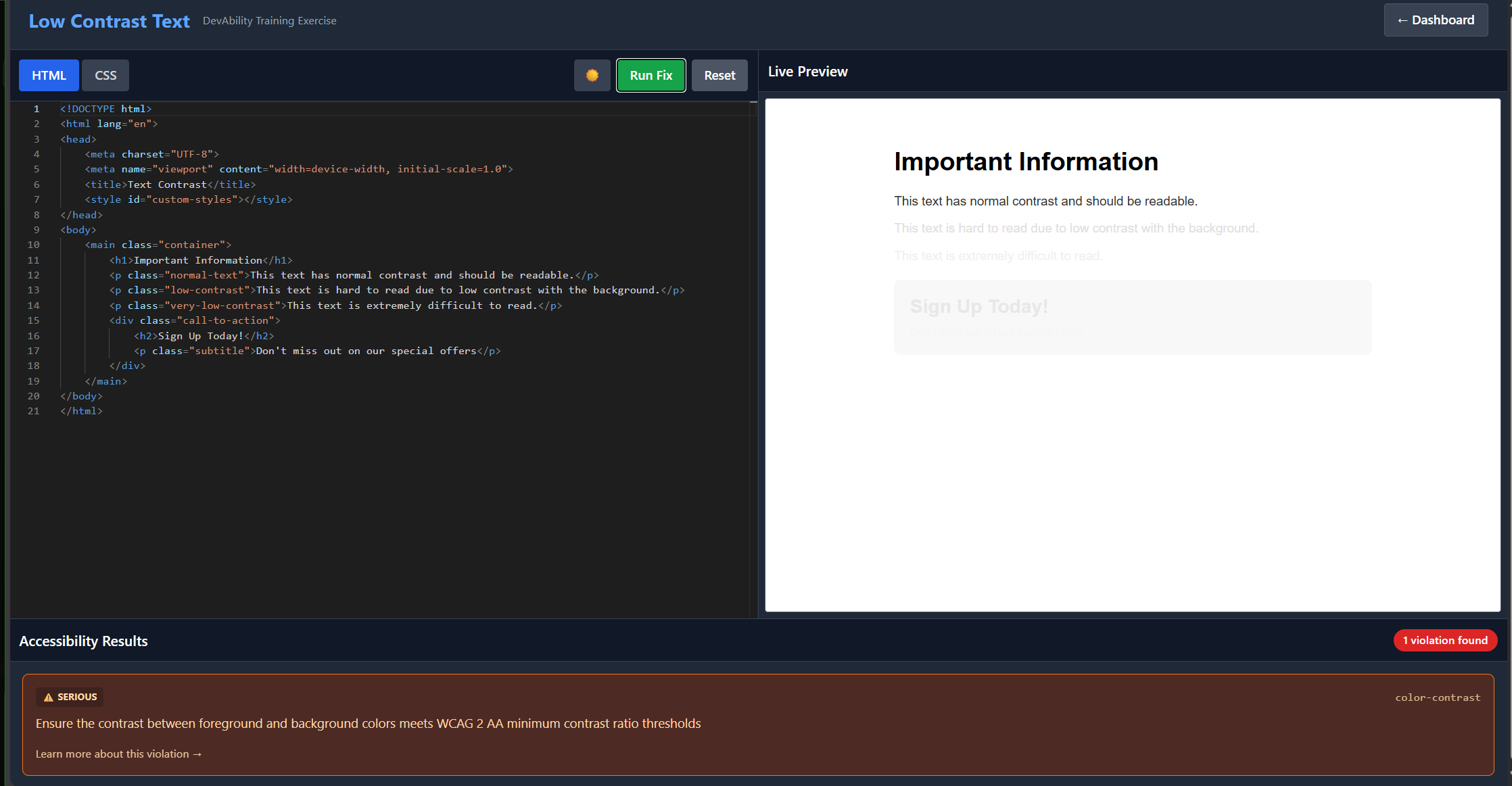DevAbility code editor showing accessibility violation with low contrast text and error message in the accessibility results panel